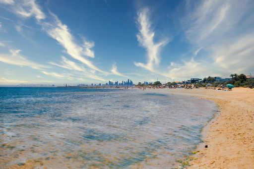 A scenic view of a bright sky over Brighton Beach in Melbourne, Australia