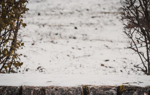 A selective focus shot of a stone wall on blurred snowy background