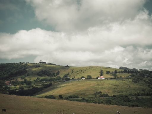 A beautiful landscape of hills with small houses and a herd of grazing cows under the blue cloudy sky