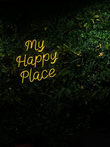 A vertical shot of lit text "My happy place" on a green bush wall