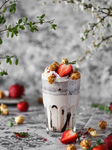 Vertical shot of a milkshake garnished with strawberries, chocolate and caramelized popcorn