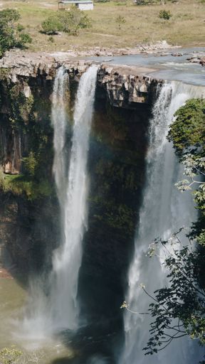 A waterfall flowing from rocks surrounded by trees