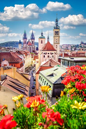 A group of fascinating buildings and structures in Prague with a variety of brightly colored flowers in the foreground