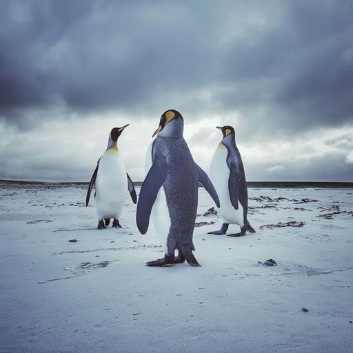 A group of bright penguins in the field covered with snow on a cloudy day