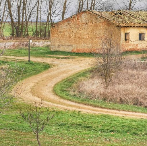 A dirt road winds its way through a green meadow near an old abandoned structure.