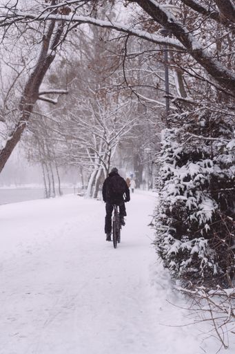 A vertical shot of a person riding a bicycle in a park covered in the snow