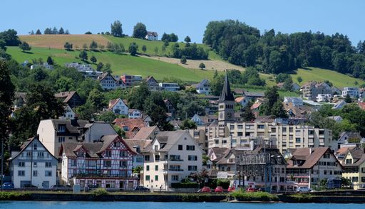 A beautiful shot of historic buildings along the shore near hills in Waedenswil, Switzerland