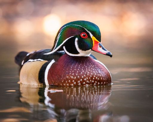 Beautiful Wood duck (aix sponsa) drake preening in pond on overcast fall morning Colorado, USA