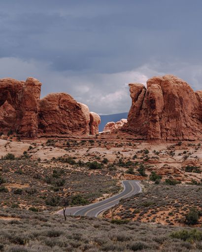 A landscape of Arches National Park on a Cloudy day