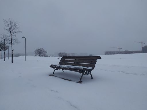 A bench on a field covered in snow on a foggy day