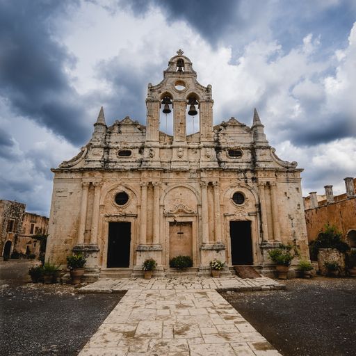 A low angle shot of the Monastery of Arkadi in Greece under a cloudy sky