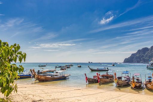 The boats on the coast of Phi Phi in Thailand