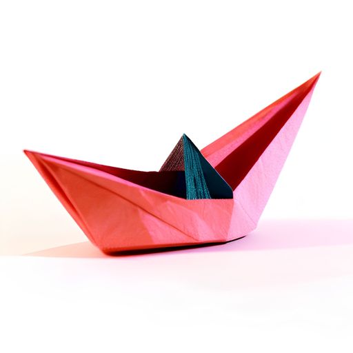 A colorful boat-shaped origami sculpture made of white paper against a white background