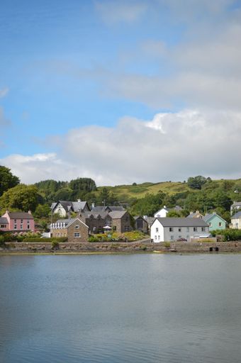 A vertical shot of the river with a small village on the shore in the background