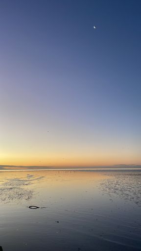 A vertical shot of a wet sandy beach of Morecambe Bay at sunset in Cumbria, England