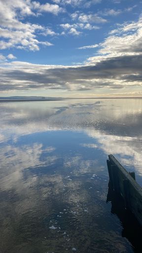 A vertical shot of a wooden piece on a wet sandy beach of Morecambe Bay in Cumbria, England