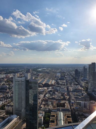 A vertical aerial view of modern buildings and Main Tower in  Frankfurt, Germany