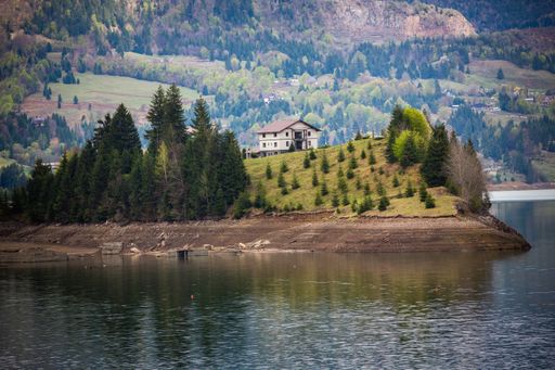 The view of a small green island in lake Colibita surrounded by mountains. Romania.