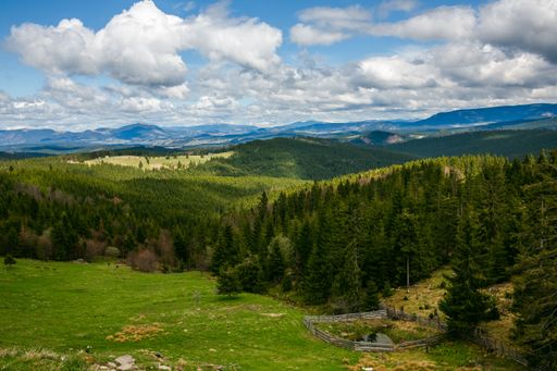 The beautiful view of green hills with lush woods against the background of the cloudy blue sky.