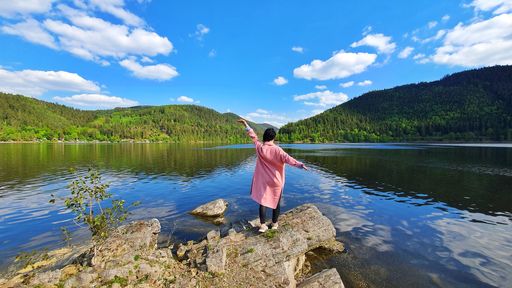 A female from behind standing on the stone and enjoying the lake view with fir trees in distance