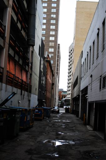 A vertical shot of a small bystreet between the buildings