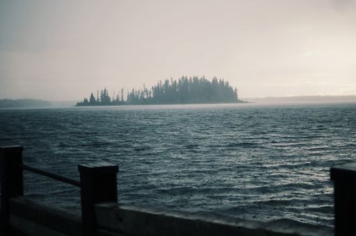The wooden docks on the body of the pure water of the lake on a foggy day