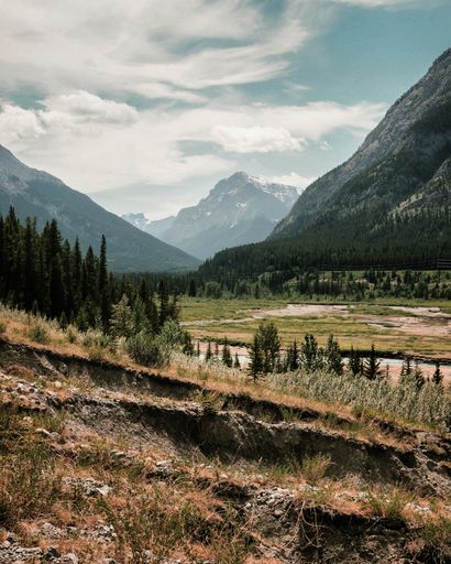A vertical high angle shot of a valley with the mountains in the background
