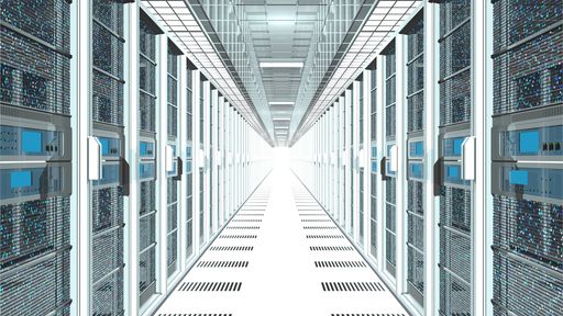 Data center corridor with white servers with blue lights on both sides projecting into infinity with white light at the end. 3d Illustration