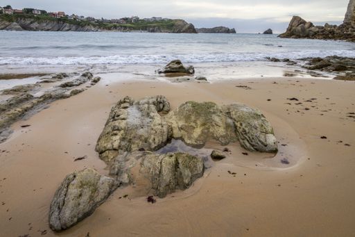 A closeup shot of a cliffy seashore near a wavy sea under a cloudy sky