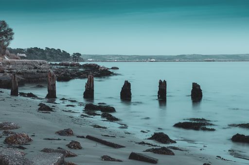 A long exposure shot of the stones on the shore near Portland, Weymouth, Dorset, UK