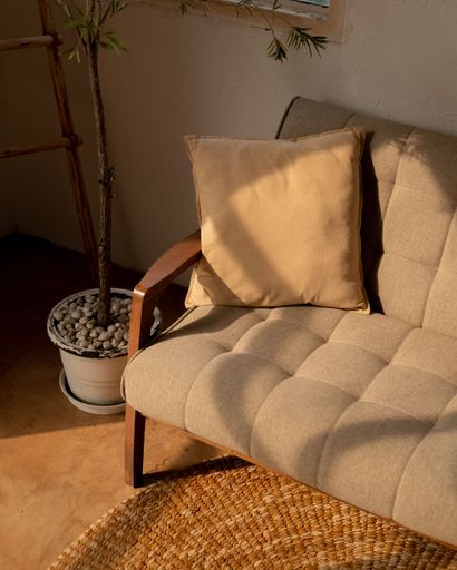 A contemporary living room featuring a grey couch and a potted plant placed in the corner of the room, with a white wall in the background