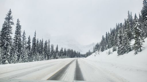 A mesmerizing view of a long highway road in the middle of fantastic snowy forest