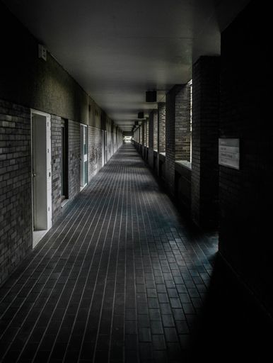 A vertical shot of a long, dark corridor that is illuminated by the light of the setting sun