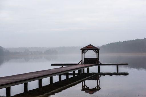 A wooden pathway above the water surrounded by trees with a foggy background