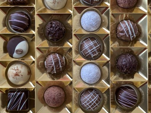 A closeup shot of various chocolate pralines