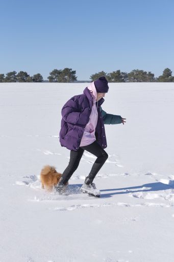 A shallow focus shot of a happy young female playing with her  Pomeranian dog on a snow