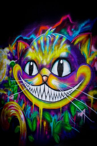 colorful psychedelic Alice In Wonderland themed Cheshire cat grinning wall graffiti with purple green blue and yellow colors