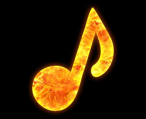 A fire silhouette of a musical note isolated on a black background