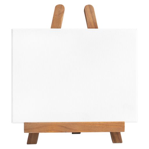 Blank white canvas on Wooden easel isolated on white background. Template, mock up