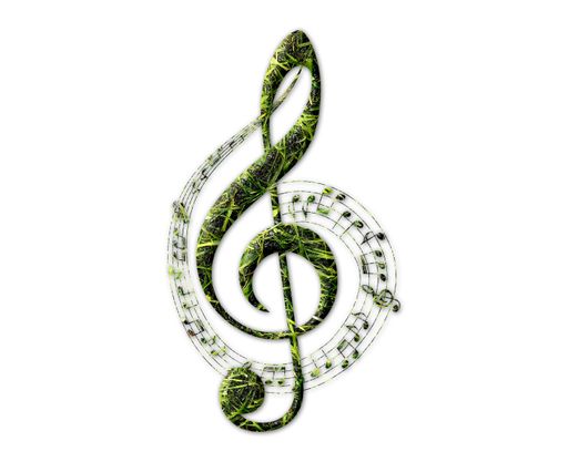 An outline of a treble clef with musical notes with a grass print isolated on a white background