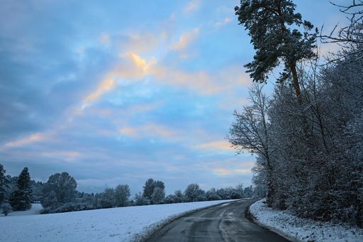 A narrow country road through snowy trees during sunset