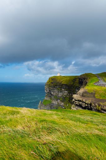 A lush, green grassy field with gentle waves lapping against the cliffs on a cloudy day
