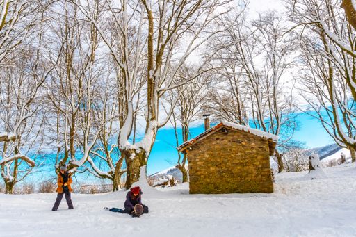 A beautiful shot of the people in the frosted forest during the winter season in Oiertzun, Basque, Spain