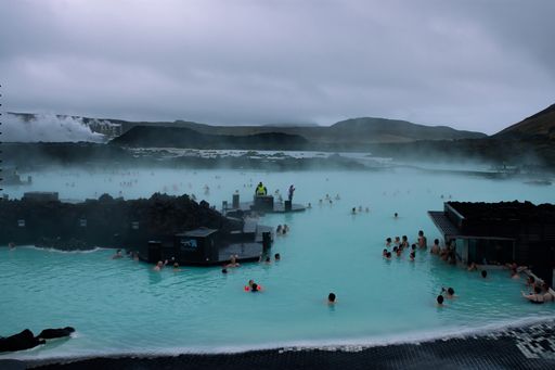 Blue Lagoon, Grindavik, Iceland, 04042017, families enjoying of relax moments swimming and drinking in the pool, watched by lifeguards