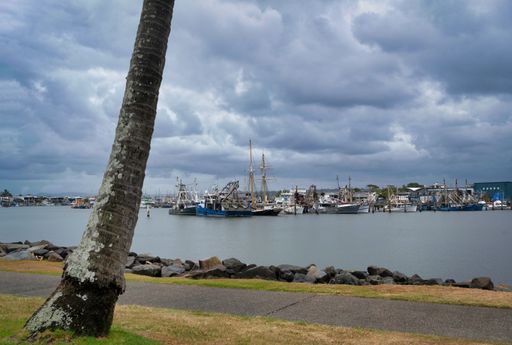 A scenic view of a tranquil body of water featuring multiple small boats docked at the end of the bay