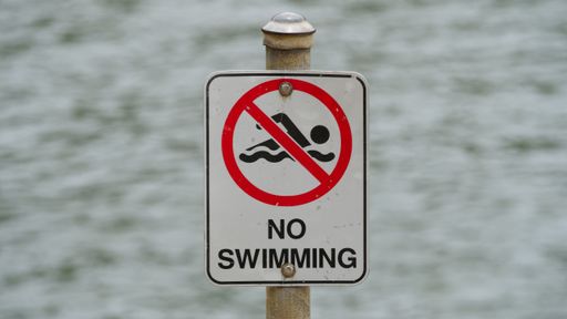 A close-up of a sign warning against swimming, beside a body of water