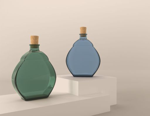 A 3d illustration of two intricately detailed glass vases, one blue and one green, set on a white shelf