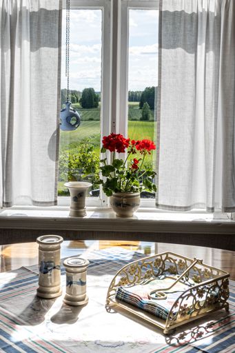 An interior design with a stylish wooden table and vibrant flower pots, placed in front of a large window