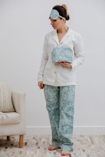 Azerbaijan,Baku - 18.01.2021 : Photo of lovely woman wearing colorful pajamas in home. Home decor.