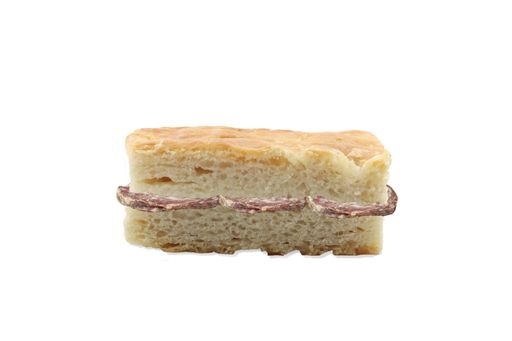 A closeup shot of Genoese focaccia stuffed with salami isolated on white background
